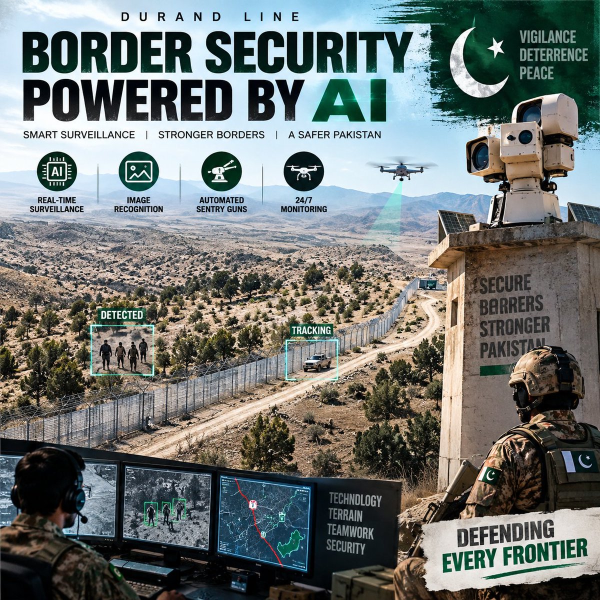 HafsaAfridi11's tweet photo. Securing rugged terrain with cutting-edge tech: #AI-powered surveillance, real-time image recognition, and automated sentry guns are revolutionizing border defense along the #DurandLine. Enhancing deterrence, stopping illegal incursions, and keeping vigilance tight 24/7. #Afghan https://t.co/6yz6cyjjOU