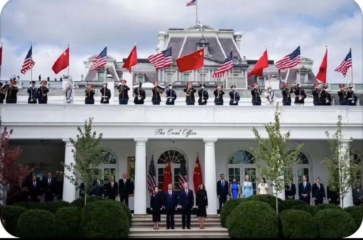 AndyOstroy's tweet photo. He hung communist China flags on White House
He rolled out the red carpet for Xi
He praised Xi’s looks and said his wife’s “beautiful”
He offered to sell weapons to China
He got nothing but two pandas
But in July he held an emergency primetime address to the nation about the grave threats from China…
