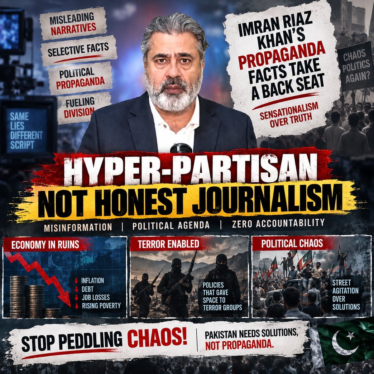 bismizahra78's tweet photo. Imran Riaz Khan’s hyper-partisan rhetoric ignores facts to push propaganda. Pushing sensational claims won't mask how his political faction left the economy ruined and enabled terror. Stop peddling chaos!
#پختونخواہ_حکومت_ختم_کرو 
#SohailAfridiDeservesAdyala
#PTIExposed https://t.co/Rgkqy1MnPP