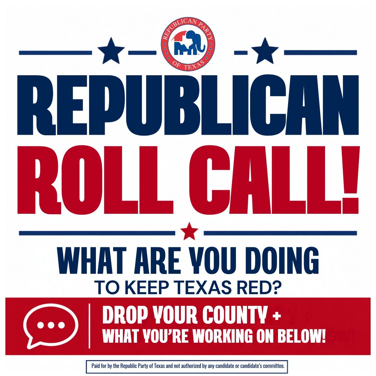TexasGOP's tweet photo. Texas Republican Roll Call!
What are you doing to keep Texas RED this week?
Registering voters? Volunteering? Blockwalking?Phone Banking? Texting?
Attending a local Republican Club meeting? Helping neighbors find election information?
Drop your county + what you’re working on below! ⬇️
Let’s see how many of the 254 counties show up. 🤠🇺🇸