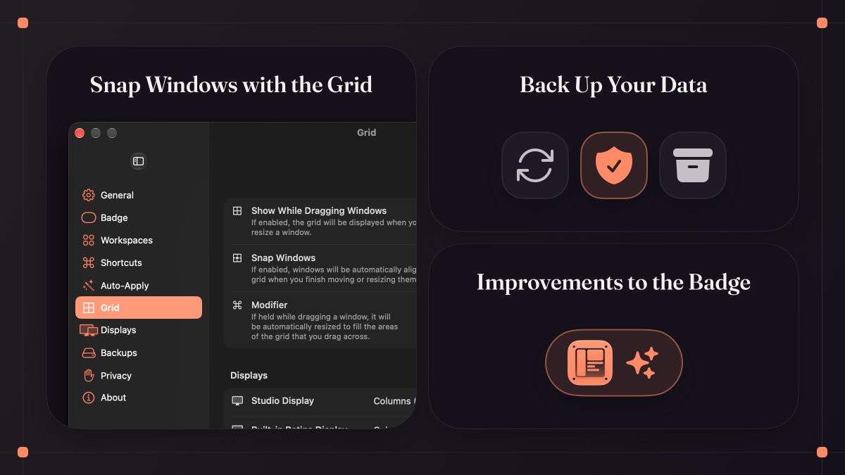 designtech_so's tweet photo. ScreenPlace 2.2 is here! 🚀 This update brings the grid with customizable columns and rows allowing you to snap a window to it, the ability to back up the data, improvements to the badge, and more. ✨

#macos #macapp #windowmanager https://t.co/yb3hfVKcnc