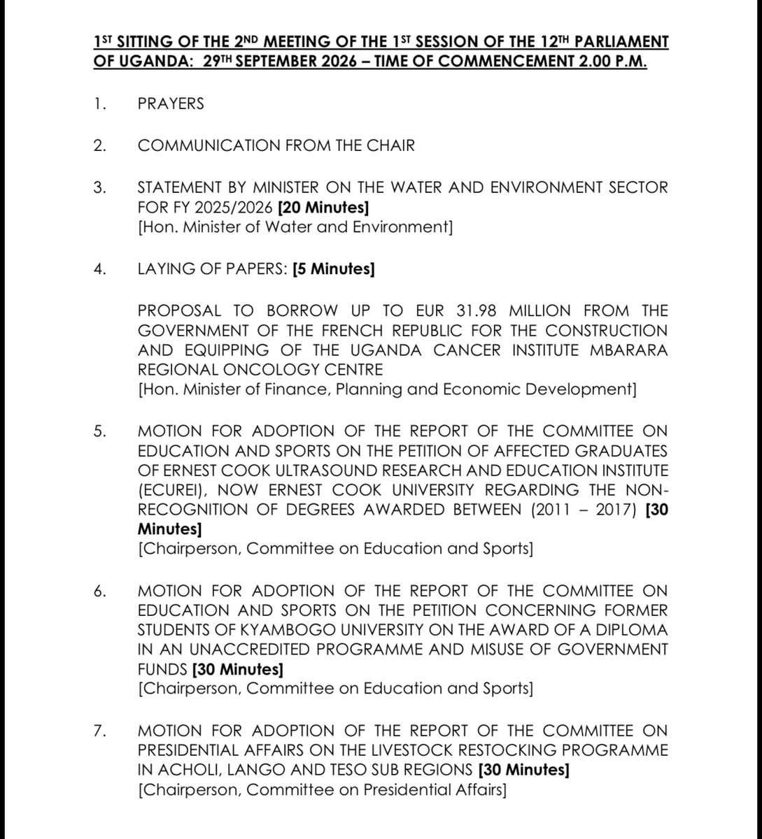 pwatchug's tweet photo. 🇺🇬 PLENARY RETURNS AFTER CLOSE TO A MONTH OF RECESS

Parliament resumes tomorrow, Tuesday, 29 September, at 2pm, with Speaker Rt. Hon. Jacob Marksons Oboth in the chair.

Among the business to watch:

🔹 Unrecognised degrees: MPs will consider the Education and Sports Committee’s report on a petition from graduates of Ernest Cook Ultrasound Research and Education Institute, now Ernest Cook University, concerning degrees awarded between 2011 and 2017.

🔹 Kyambogo qualifications: Another Education and Sports Committee report concerns former students awarded a diploma in an unaccredited programme and allegations of misuse of government funds.

🔹 Cancer care in Mbarara: Finance is scheduled to table a proposal to borrow up to €31.98 million from France to construct and equip the Uganda Cancer Institute’s Mbarara Regional Oncology Centre.

🔹 Water and environment: The responsible minister is scheduled to present a statement on the sector for FY2025/26.

This will be the first sitting of the second meeting of the first session of the 12th Parliament.
