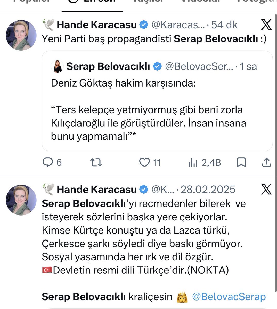 BelovacSerap's tweet photo. @KaracasuHande Dedi Sözcü’ye girebilmek için beni arayan, hayranlığını anlatan, beni sosyal medyada öven, sonra iş bulamayınca birden yüzyılın Kılıçdaroğlu savunucusu olan (bu arada bu beni ilgilendirmiyor) ve ona yanlayan şahıs? Bu arada sizi hiç tanımıyorum, kimsiniz siz hanımefendi? https://t.co/qyh2GCoLQH