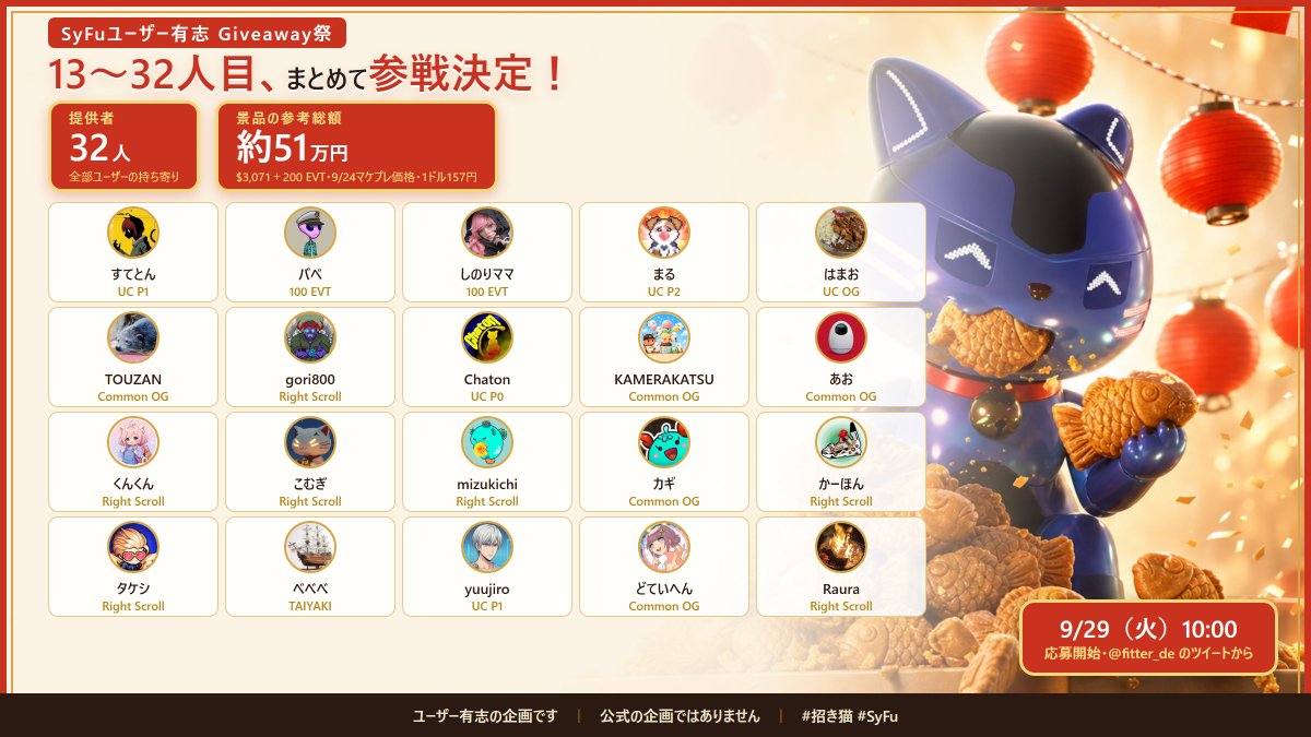 fitter_de's tweet photo. 【参戦決定】13〜32人目、まとめて発表

@gameyouda4 @cryptBBQ @shino_ri1 @maru_bcg @cuncurrio @TOUZAN1080 @leo72213425 @Chaton_SyFu @kamerakatsu @invest_kei_ @cor_lj @komugi_poi @mizukichi_Axie @kagi_bcg @ka_hon_investor @QZq2MntKNdHXjA6 @kwzi5f @Yuu__jiro @teihencrypto @Raura4321

1人ずつ出すつもりが、多すぎて追いつかなくなった。嬉しい悲鳴。
提供者32人、景品の参考総額 約51万円。全部ユーザーの持ち寄り。
👇

#招き猫 #SyFu