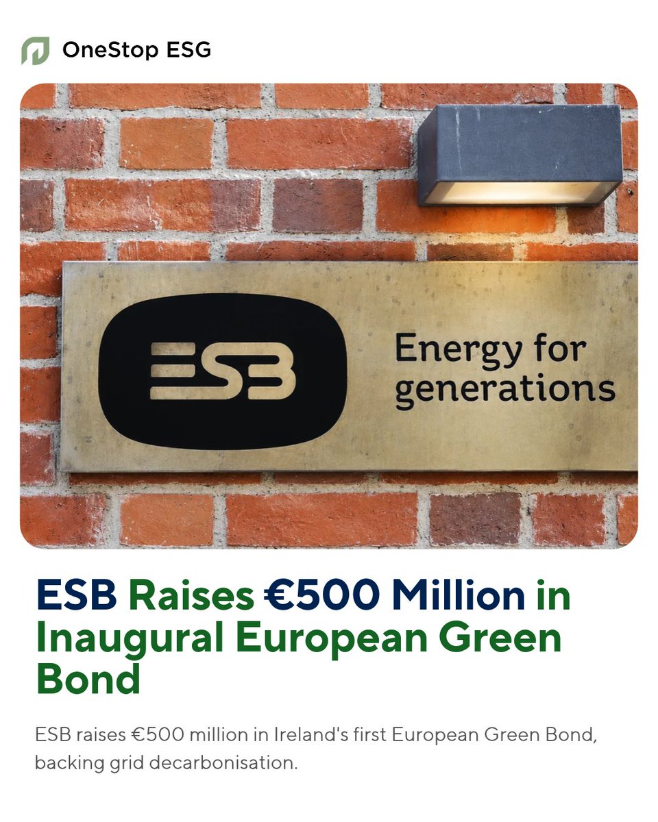 OneStopESG_'s tweet photo. ESB Raises €500 Million in Inaugural European Green Bond

Read More: https://t.co/cD3eE6GMFJ

#esb #greenbond #ireland #netzero #sustainablefinance #decarbonisation #energy #utilities https://t.co/G5V3qchBBS