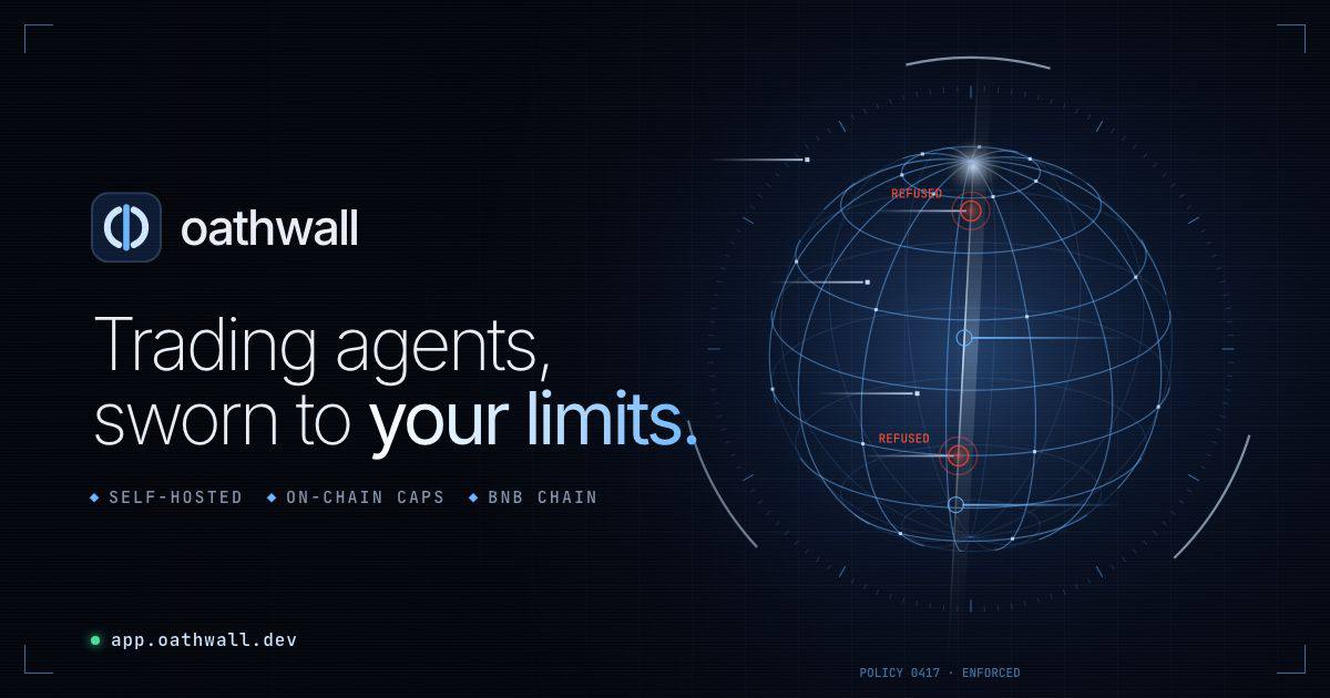 Oatwallbsc's tweet photo. If you’re building an AI trading agent, wallet infrastructure, or anything around autonomous finance:

Oathwall is for you.

Give your agent the ability to act without giving it unlimited authority.

Build on top of controlled permissions. https://t.co/dMLGwofbMd