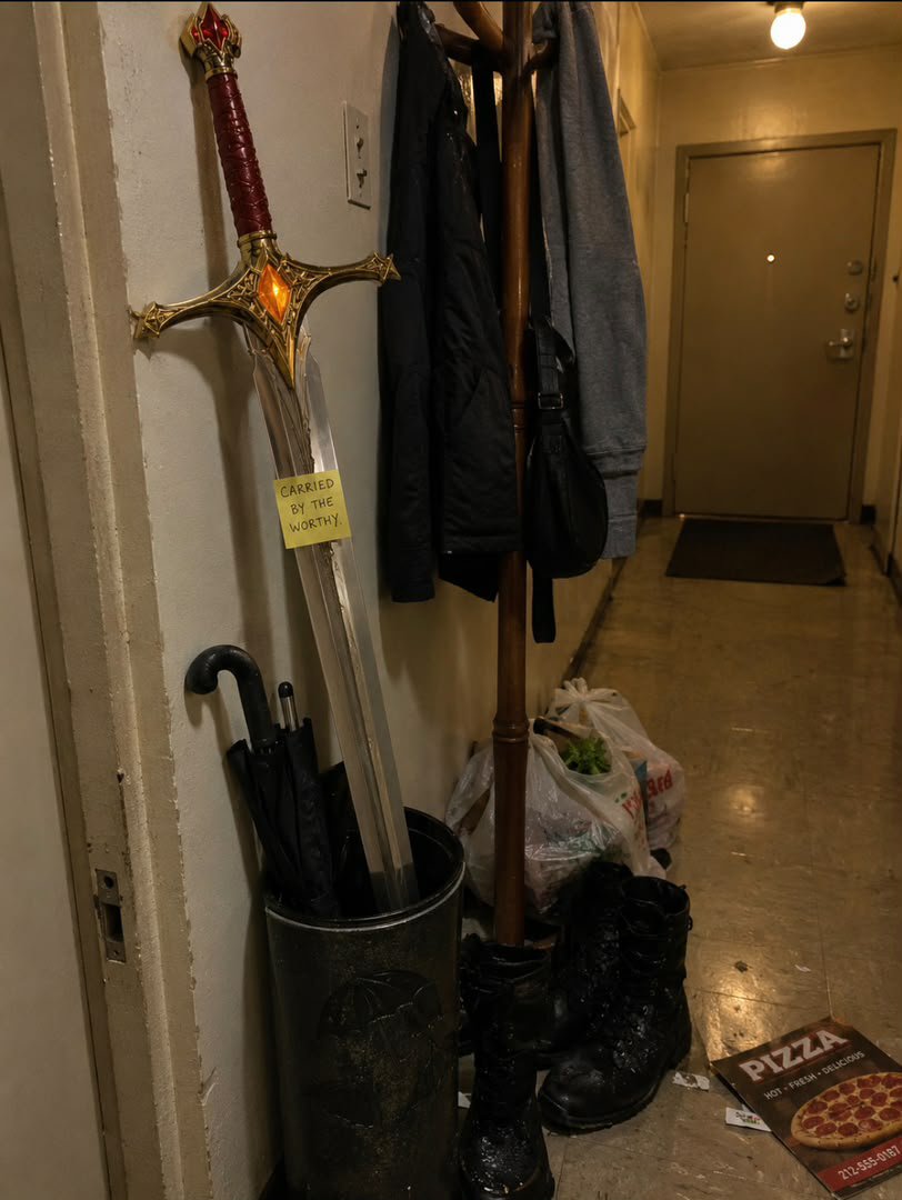 Dearorlandoo's tweet photo. They said only the worthy may carry it so he put it next to the umbrellas.

$ASH
@ASH_ashbringer 
#ASH #ASHBRINGER https://t.co/t3jwhKzN2Y
