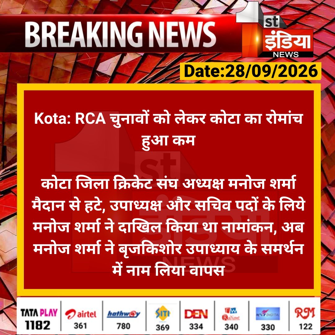 1stIndiaNews's tweet photo. #Kota: RCA चुनावों को लेकर कोटा का रोमांच हुआ कम
कोटा जिला क्रिकेट संघ अध्यक्ष मनोज शर्मा मैदान से हटे, उपाध्यक्ष और सचिव पदों के लिये मनोज शर्मा ने...
#RajasthanWithFirstIndia #RCAElection @bhanwar_83 https://t.co/DEWJh6VDMJ