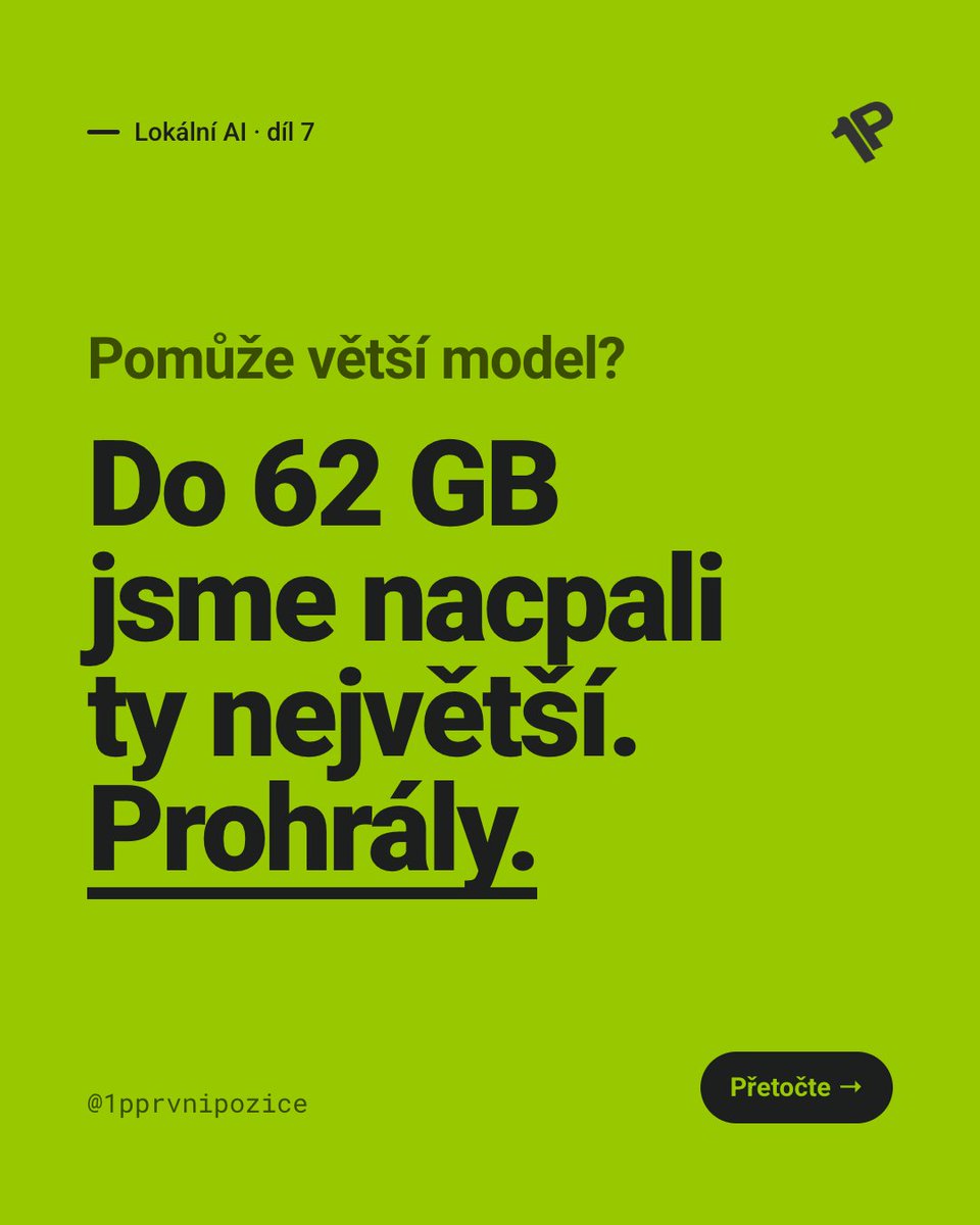 1Pprvnipozice's tweet photo. ⚖️ Nacpali jsme do 62 GB paměti největší AI modely, které se vejdou. Prohrály s tím nejmenším.

Model o 122 miliardách parametrů: 48 GB paměti, 3 tokeny za sekundu. Osmnáctigigabajtový model: 8,6 tokenu za sekundu.

A výsledky napříč všemi sadami z předchozích dílů 👇

🤖 Agent ( https://t.co/hlDqtcvYlD