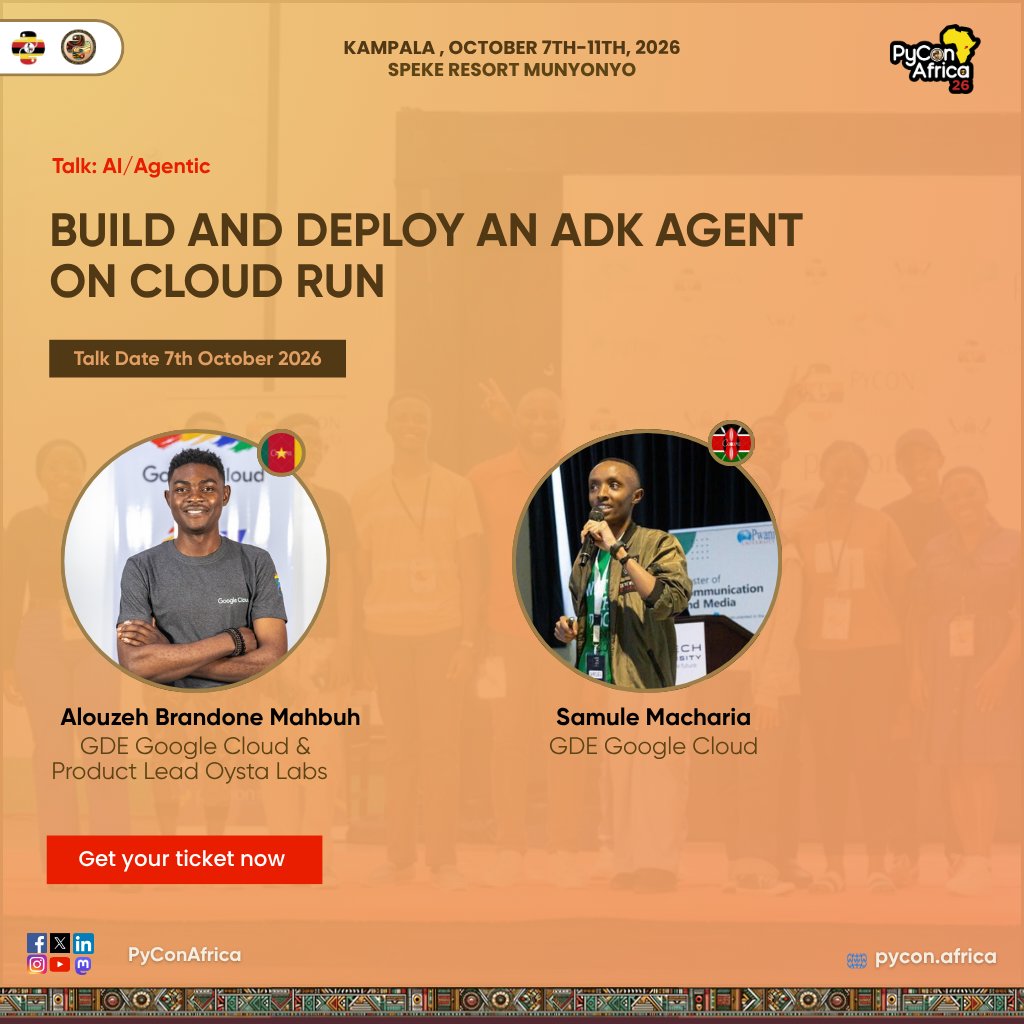 pyconafrica's tweet photo. From AI agent to cloud deployment. 🤖☁️

Join Alouzeh Brandone Mahbuh &amp; Samule Macharia, Google Cloud Developer Experts, at #PyConAfrica2026 for:

🎤 Build and Deploy an ADK Agent on Cloud Run
📅 Oct 7 | 📍 Kampala
🎟️ https://t.co/01Z7Lhv96m

#Python #AI https://t.co/6MWavEpwOE