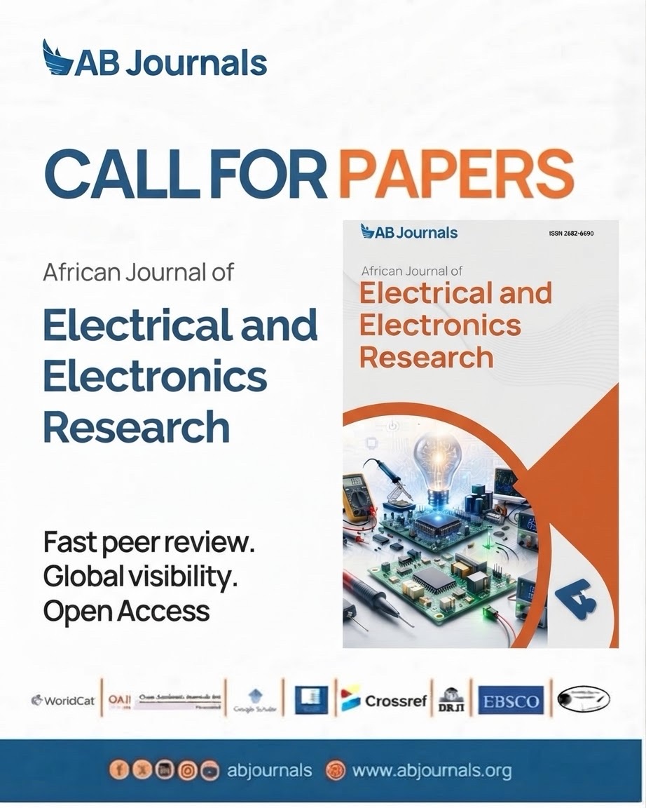 abjournals's tweet photo. AB Journals invites researchers and academics to submit manuscripts to the African Journal of Electrical and Electronics Research (AJEER).
Submit your paper today: https://t.co/iKVQm39Dim
#CallForPapers #ElectricalEngineering #ElectronicsResearch #ABJournals https://t.co/HtPeRY6zBt