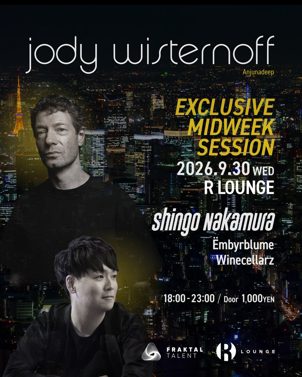 AnalogJourney's tweet photo. 2026.9.30(WED) 
EXCLUSIVE MIDWEEK SESSION

OPEN 18:00 - 23:00
DOOR￥1,000
MUSIC：PROGRESSIVE HOUSE / MELODIC HOUSE / HOUSE

Jody Wisternoff (Anjunadeep)
Shingo Nakamura
Ëmbyrblume
Winecellarz

先日、OR 6周年のグランドフィナーレを大きな熱狂で締めくくったJody Wisternoff。
その興奮も冷めやらぬ中、まさかのアンコール公演がR LOUNGEで決定！
UKの人気レーベルAnjunadeepのトップにして、30年以上に渡ってシーンをリードし続けるレジェンドJody Wisternoffが再び東京の夜を彩る。
さらに、ORでもJodyと共演し、TomorrowlandやEDCなど世界的フェスティバルへの出演でも知られるShingo Nakamuraも登場！

Jody Wisternoff、そしてShingo Nakamuraが再びで魅せる、エクスクルーシブな一夜。
この貴重なアンコール公演をお見逃しなく。

Jody Wisternoff recently brought the OR 6th Anniversary Grand Finale to a thrilling close.
While the excitement from that event is still fresh, a surprise encore performance has been confirmed at R LOUNGE!
A legend who has led the scene for over three decades and stands at the helm of the popular UK label Anjunadeep, Jody Wisternoff returns to light up the Tokyo night once again.
Joining him is Shingo Nakamura—known for performing at global festivals like Tomorrowland and EDC, and who previously shared the stage with Jody at OR.

An exclusive night featuring the captivating sounds of Jody Wisternoff and Shingo Nakamura.
Don't miss this rare encore performance.
