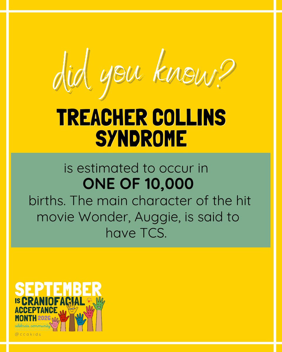 CCAKidsTweet's tweet photo. 𝐃𝐈𝐃 𝐘𝐎𝐔 𝐊𝐍𝐎𝗪?⁣⁣
#TreacherCollinsSyndrome

𝘏𝘢𝘱𝘱𝘺 #cam2026, 𝘵𝘢𝘨 𝘶𝘴 𝘪𝘯 𝘺𝘰𝘶𝘳 𝘤𝘦𝘭𝘦𝘣𝘳𝘢𝘵𝘪𝘰𝘯𝘴 𝘢𝘯𝘥 𝘴𝘵𝘰𝘳𝘪𝘦𝘴 𝘵𝘩𝘪𝘴 𝘮𝘰𝘯𝘵𝘩! #𝘊𝘊𝘈𝘒𝘪𝘥𝘴⁣⁣ #CamReflect

⁣⁣-—⁣

⁣DONATE AT:⁣
https://t.co/5fcbRUFq6a  https://t.co/2HLxAclNjF