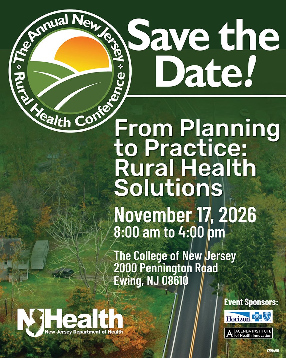 NJDeptofHealth's tweet photo. Save the date for the Annual Rural Health Conference on Tuesday, November 17, from 8 AM-4 PM at The College of New Jersey.

Registration is free, and CEs will be available. 

#HealthierNJ #RuralHealth https://t.co/KSPxWvi52U