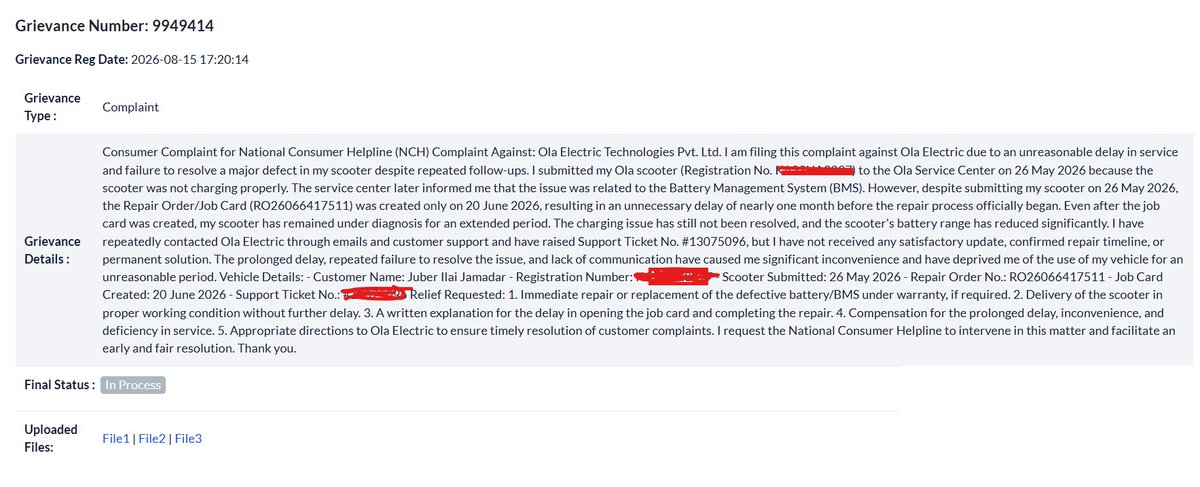 Juber1Jamadar's tweet photo. No Resolution by both @nch1915 and @OlaEV_Support NCH Docket No:9949414 Ola has been stuck since May2026 with reduced battery range issue.Visited the service center multiple times.@OlaElectric @bhash  Job Card:RO26066417511. @Cockroachisback #BankNiftyExpiry #EliteconGlobalGrowth https://t.co/2pzkXaew6e