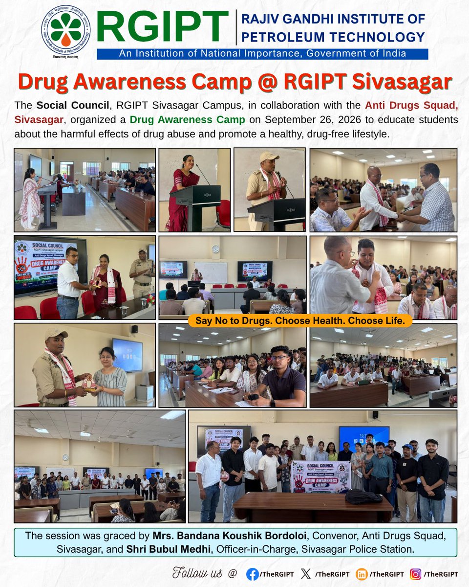 TheRGIPT's tweet photo. Drug Awareness Camp @ RGIPT Sivasagar

Say No to Drugs. Choose Health. Choose Life.

#RGIPT #RGIPTSivasagar #DrugAwareness #SayNoToDrugs #DrugFreeIndia #SocialCouncil #Sivasagar #YouthAwareness https://t.co/9887J2j95c