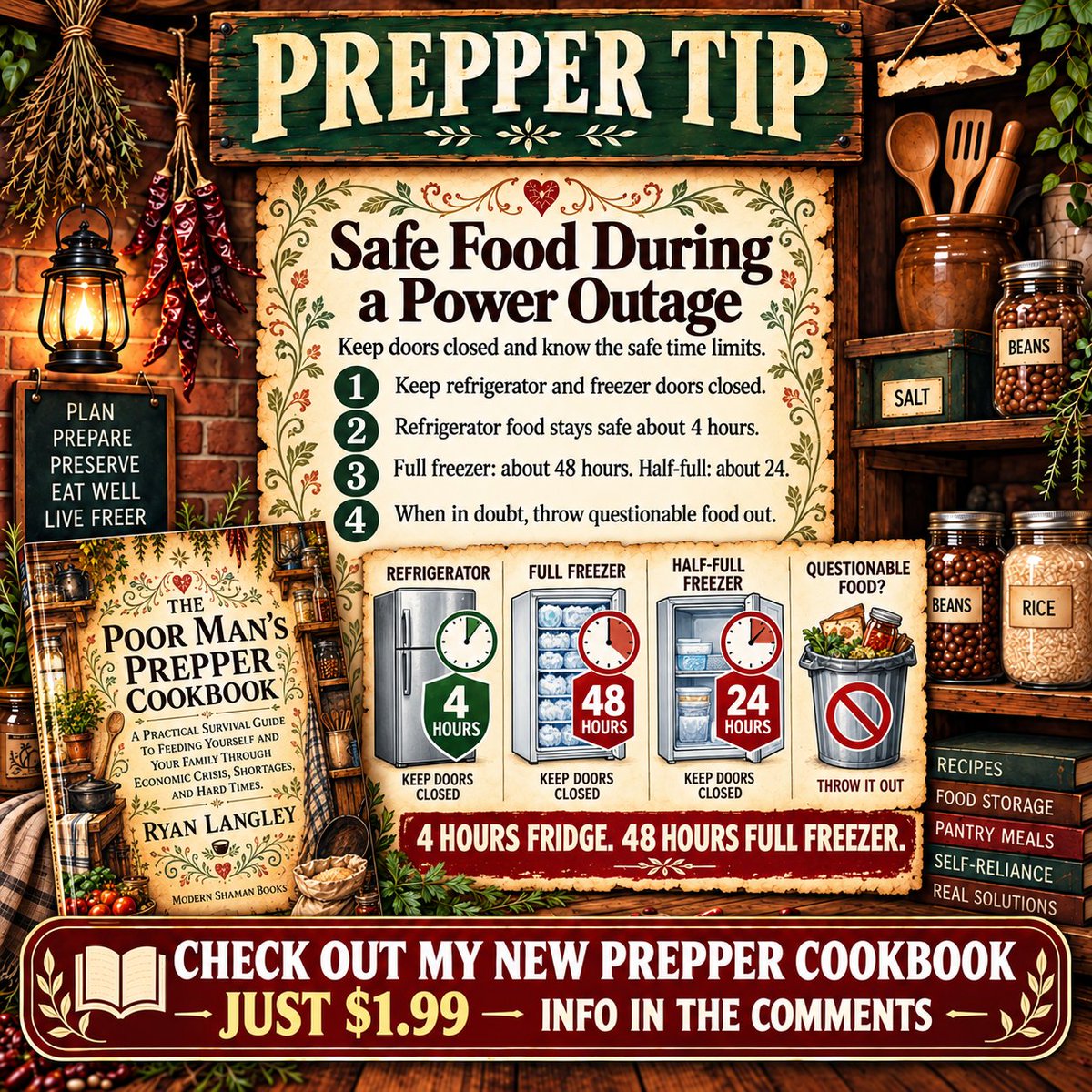 ModernShamanX's tweet photo. #PrepperTip Power out? Keep the fridge and freezer doors shut
Food stays safe ~4 hrs in the fridge, 24 in a full freezer
New 181 page prepper cookbook for just $1.99
https://t.co/zRXCeib5Tj
https://t.co/wNg5qNsjtI #Prepper #Survival https://t.co/AxFr2DxPn8