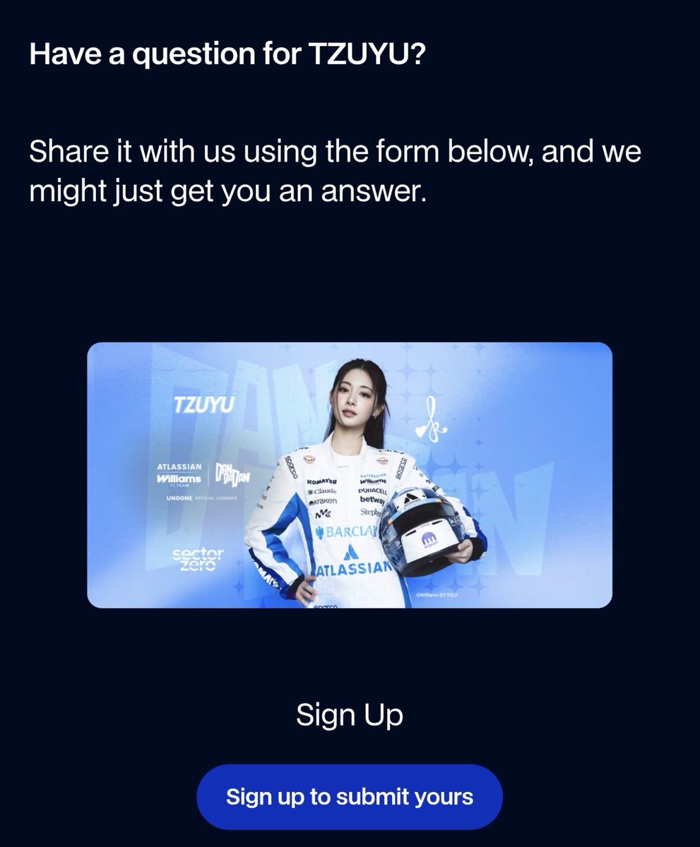 SubjectKpop's tweet photo. TZUYU will join Williams at the Singapore Grand Prix next week to celebrate the collaboration. New merchandise - showcasing Kokone, an anomaly from TZUYU's journey into the world of speed and supernatural

You can send question to Tzuyu via the form in the link 
https://t.co/IEP65QNf5W