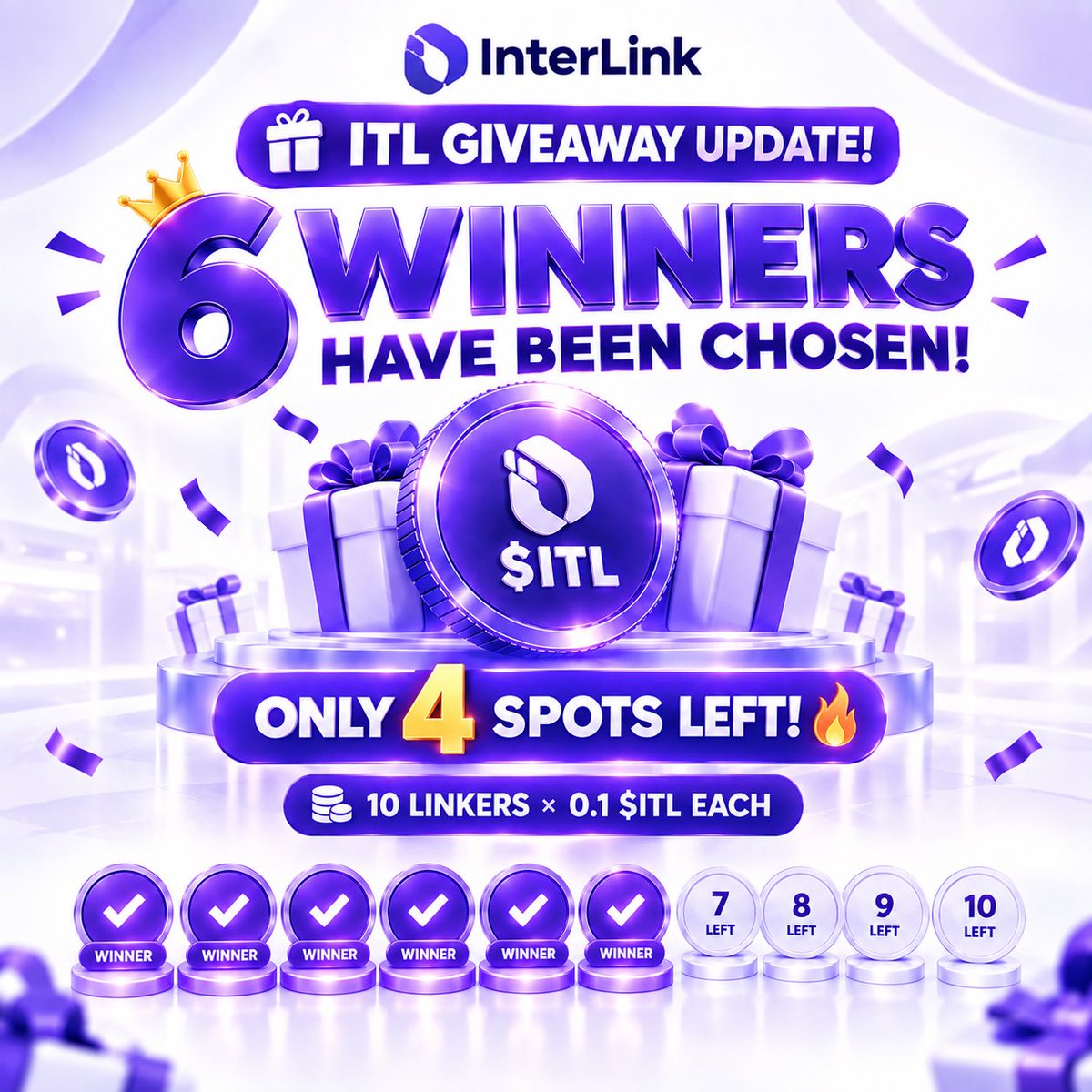 InterlinklabsEt's tweet photo. 🎁 ITL GIVEAWAY UPDATE! 🎁

🏆 6 WINNERS HAVE BEEN CHOSEN!

Only 4 spots left! 🔥

💰 10 Linkers × 0.1 $ITL each

Want to be one of the final winners? 👀

💬 Drop your ITLX Wallet address
❤️ Like this post
🔁 Repost

4 spots. Don’t miss out! 💜🚀

#InterLink #ITL #Giveaway https://t.co/p1hXt2zKNe