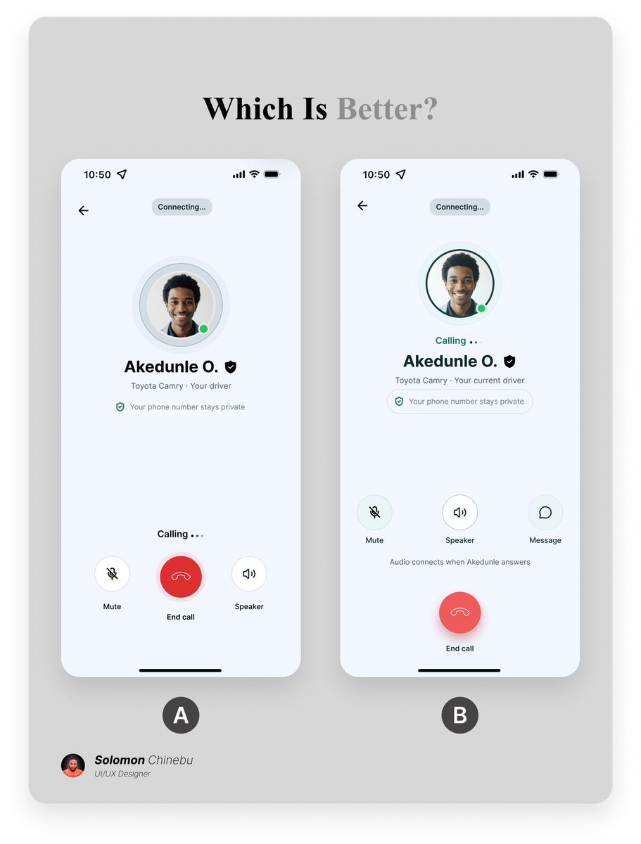 Solomonking02's tweet photo. Which is better?
A or B.

Pls share your thoughts in the comment section

#abtesting #abdesign #UIUXDesign #phonecallui #calluidesign https://t.co/iLHcDL0rfc