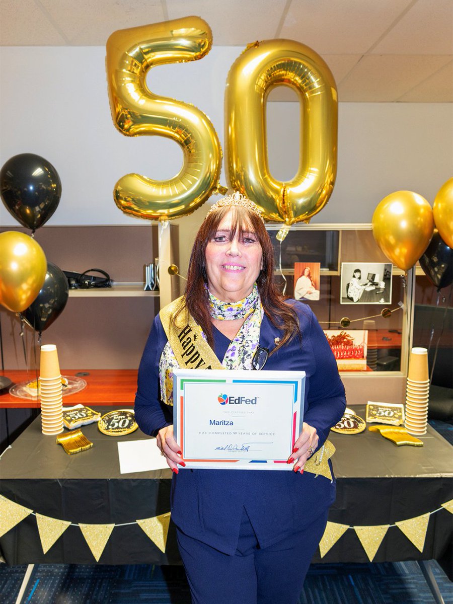 EdFedCU's tweet photo. 🎉 Congratulations to Maritza C., Credit Solutions Specialist, on 50 years with EdFed! She started at just 17, &amp; “people helping people” has remained at the heart of her career. A proud mom, grandmother, &amp; great-grandmother, Maritza loves dancing, basketball, &amp; her EdFed family. https://t.co/ciJo0gKTH4