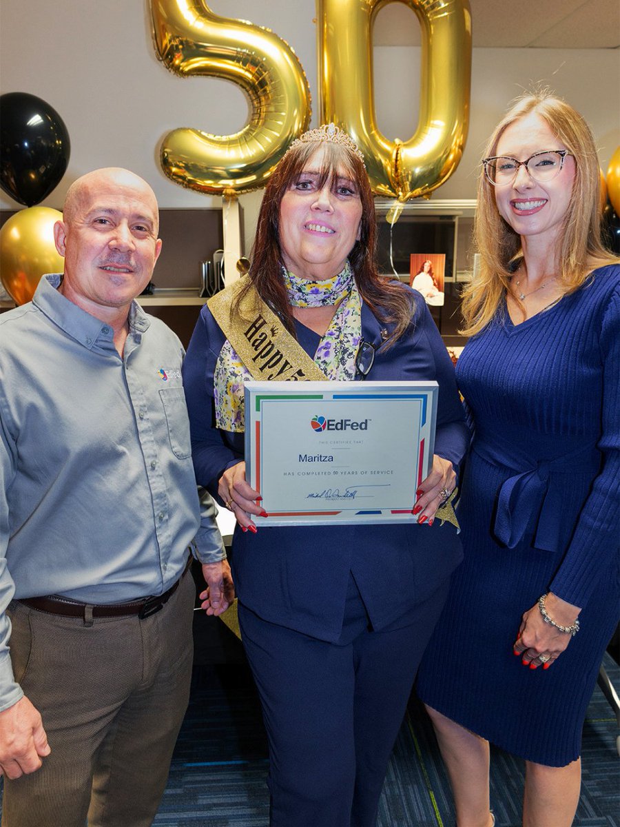 EdFedCU's tweet photo. 🎉 Congratulations to Maritza C., Credit Solutions Specialist, on 50 years with EdFed! She started at just 17, &amp; “people helping people” has remained at the heart of her career. A proud mom, grandmother, &amp; great-grandmother, Maritza loves dancing, basketball, &amp; her EdFed family. https://t.co/ciJo0gKTH4