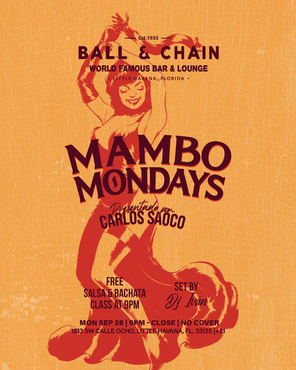 BallAndChainBar's tweet photo. TODAY: #LiveMusic NOW to 6 p.m., #HappyHour 4 to 7, #LiveJazz 6 to 9, then #MamboMondays with DJ Ivan + a FREE #SalsaClass &amp; #BachataClass, 9

TOMORROW: #Bachatuesday includes DJ Vila + a FREE #BachataLesson

#supportlocal https://t.co/z7b3b6bbPx
🍍💚 https://t.co/xF2N6UP3FP