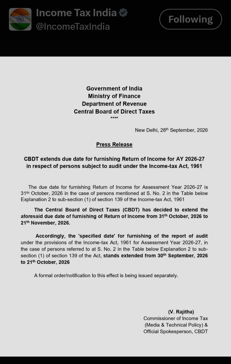 skp_82's tweet photo. Income tax Audit due date extended to 21st Oct. 2026.
#taxaudit #incometaxaudit https://t.co/hkVGtDOIYz