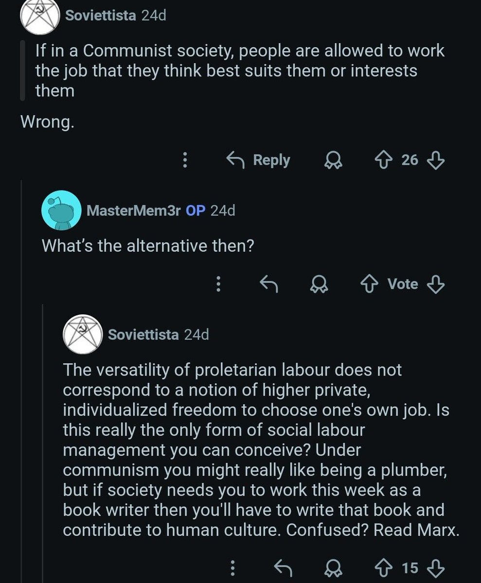 reddit_lies's tweet photo. You can watch people figure out communism results in slavery to a labor board in real time on r/communism101

One of my favorite pass times. https://t.co/ry9SMHl9q4