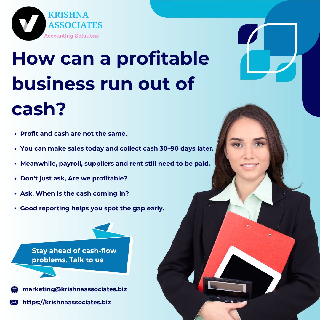 krishnaassoci's tweet photo. Profit ≠ Cash! A profitable business can still run short on cash. Track your cash flow and stay ahead. 📊🚀

Contact Us:
📩 marketing@krishnaassociates.biz
🌐 https://t.co/3BNFQm2vzQ

#CashFlow #Accounting #BusinessFinance #FinanceTips #KrishnaAssociates https://t.co/dNA3hWv3Sm