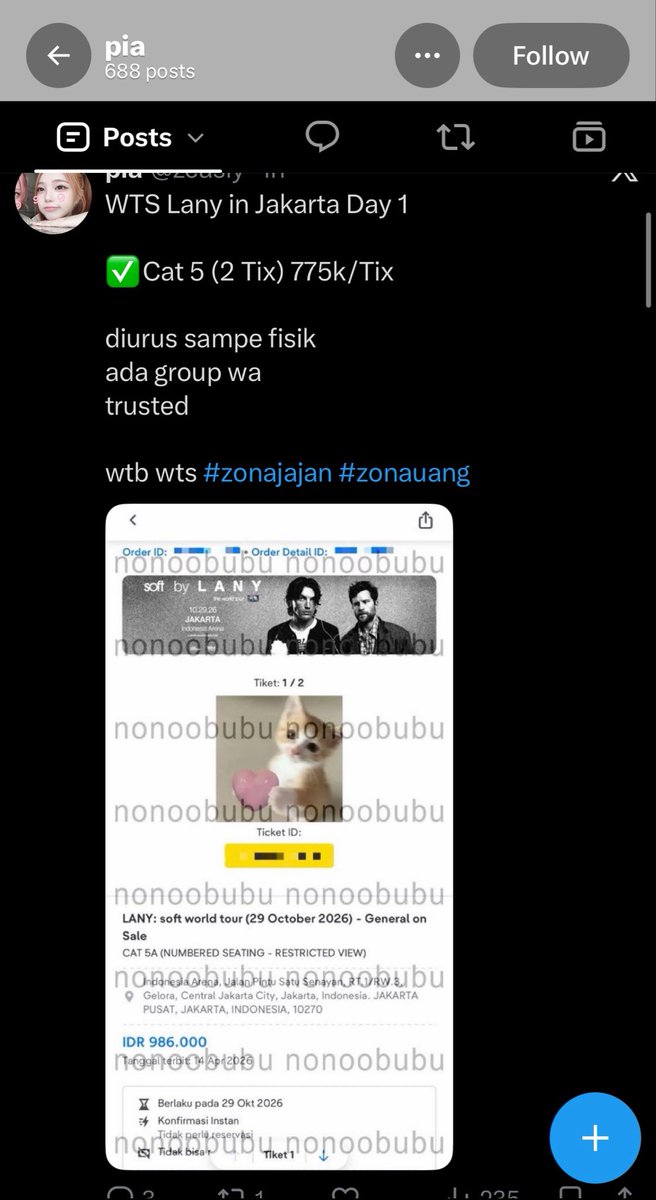 nonoobubu's tweet photo. 🚨 SCAMMER!🚨

guys jgn ada yang beli tiket lany cat 5 di @zcasiy dia ketawan pake proof tiket aku terus abis ditegor sekarang aku di block wkwkwk hati2 kalo mau beli tiket disana https://t.co/YNLoPAETch