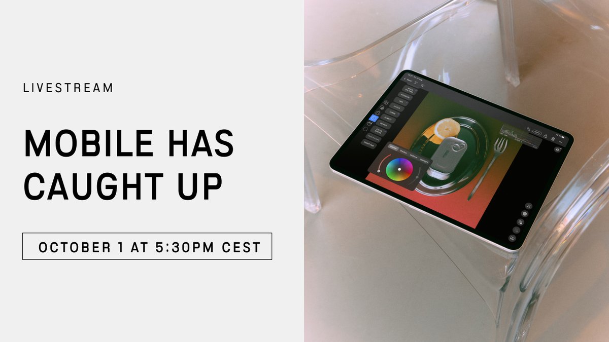 captureone's tweet photo. Join our upcoming Livestream as we walk you through newly added mobile features, such as Enhanced Denoise, Heal/Clone, and Color Balance. We’ll also cover 2nd Gen Wireless Tethering, now available for mobile. 

October 1 at 10:30am and 5:30pm CEST: https://t.co/TeRtqHAINU https://t.co/Hye8GBCRjL