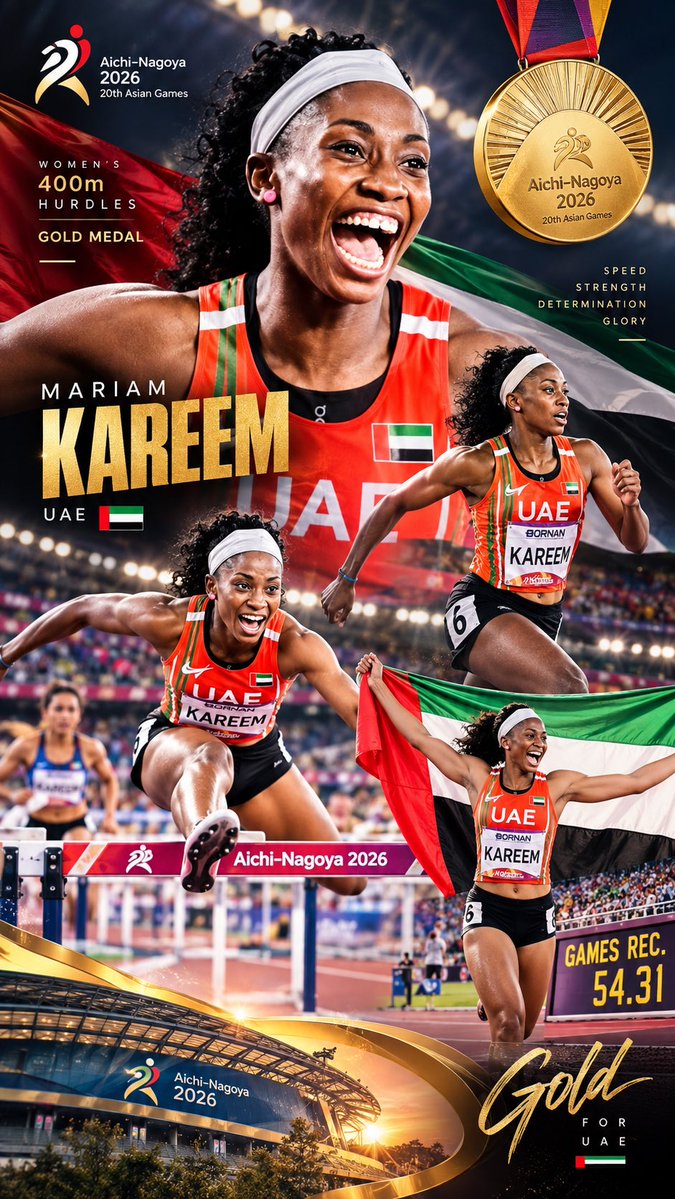 ahmadn690's tweet photo. مريم كريم تكتب التاريخ للإمارات!
ذهبية آسيوية في سباق 400م حواجز، ومعها رقم قياسي جديد للألعاب الآسيوية 54.31 

#uaeaf #asianGames #aichi #مريم_كريم #الاسياد 

🇦🇪🥇 Mariam Kareem makes history for the UAE!

Gold in the women’s 400m hurdles, setting a new Asian Games record of 54.31 seconds! 🔥

A proud moment for the UAE — gold, glory, and a new record! 🇦🇪
#uae #العاب_القوى