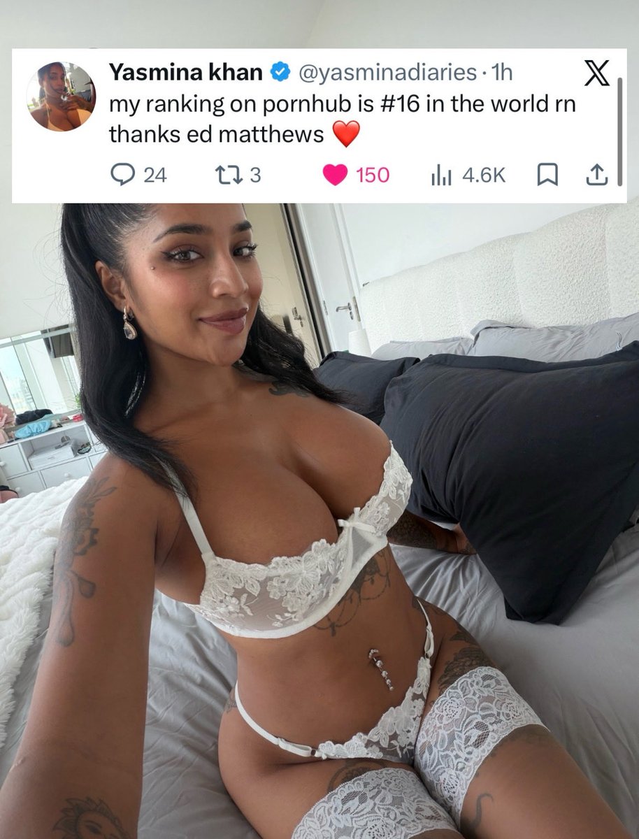 Livestreamclipx's tweet photo. Pornstar Yasmina Khan jumps to #16 most popular on Pornhub overnight after the viral clip with streamer Ed Matthews.

“#16 in the world, thank Ed Matthews” https://t.co/TIAfCZuQ2p