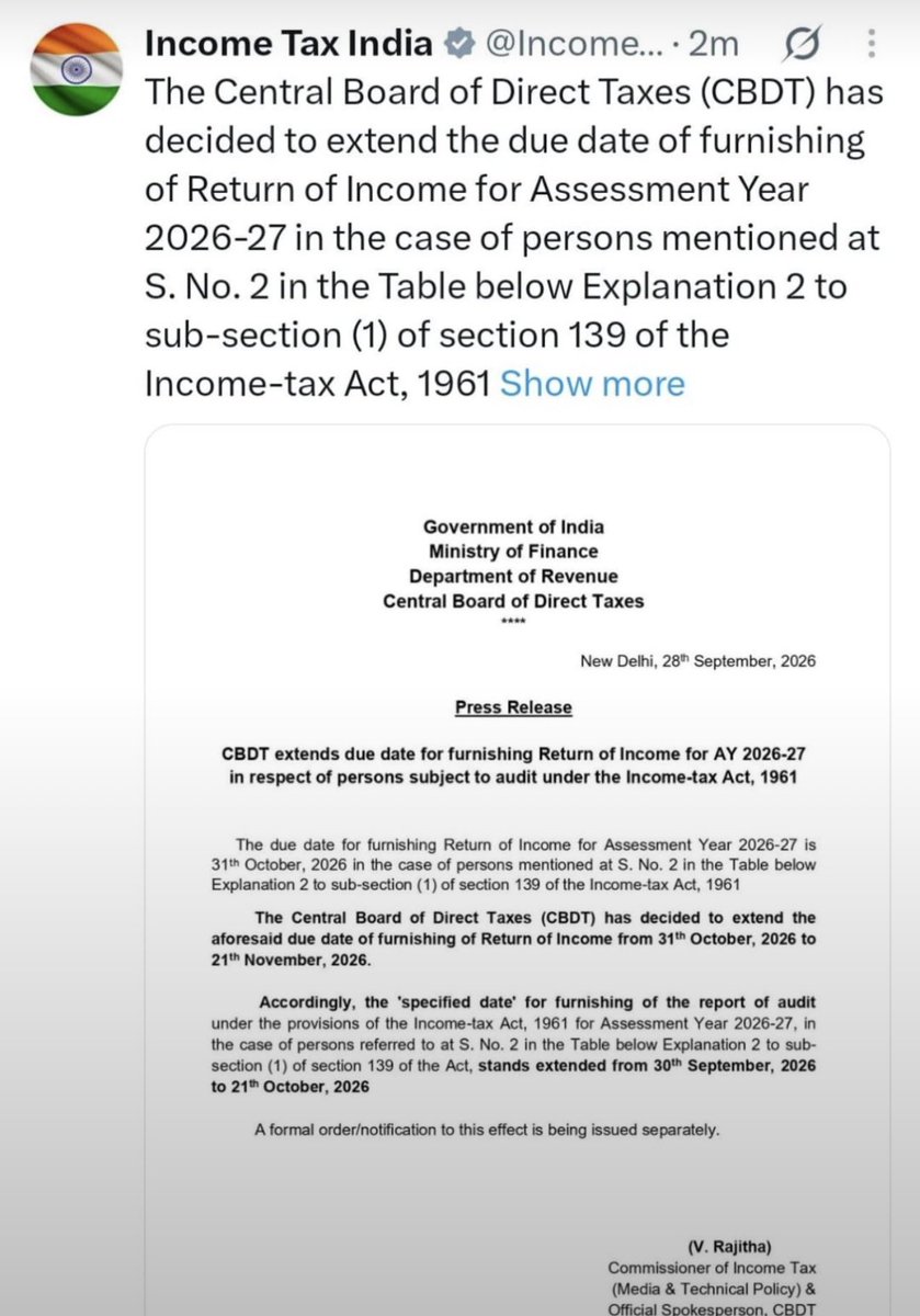 CAChirag's tweet photo. I told yesterday, I am expecting an extension notification by tomorrow 

Great Congratulations to all CAs 

Hope @IncomeTaxIndia don't issues extension at last moment and change date permanently to 31 Oct in #Budget2027 #ExtendTaxAuditDate https://t.co/M1LrA6JuTr