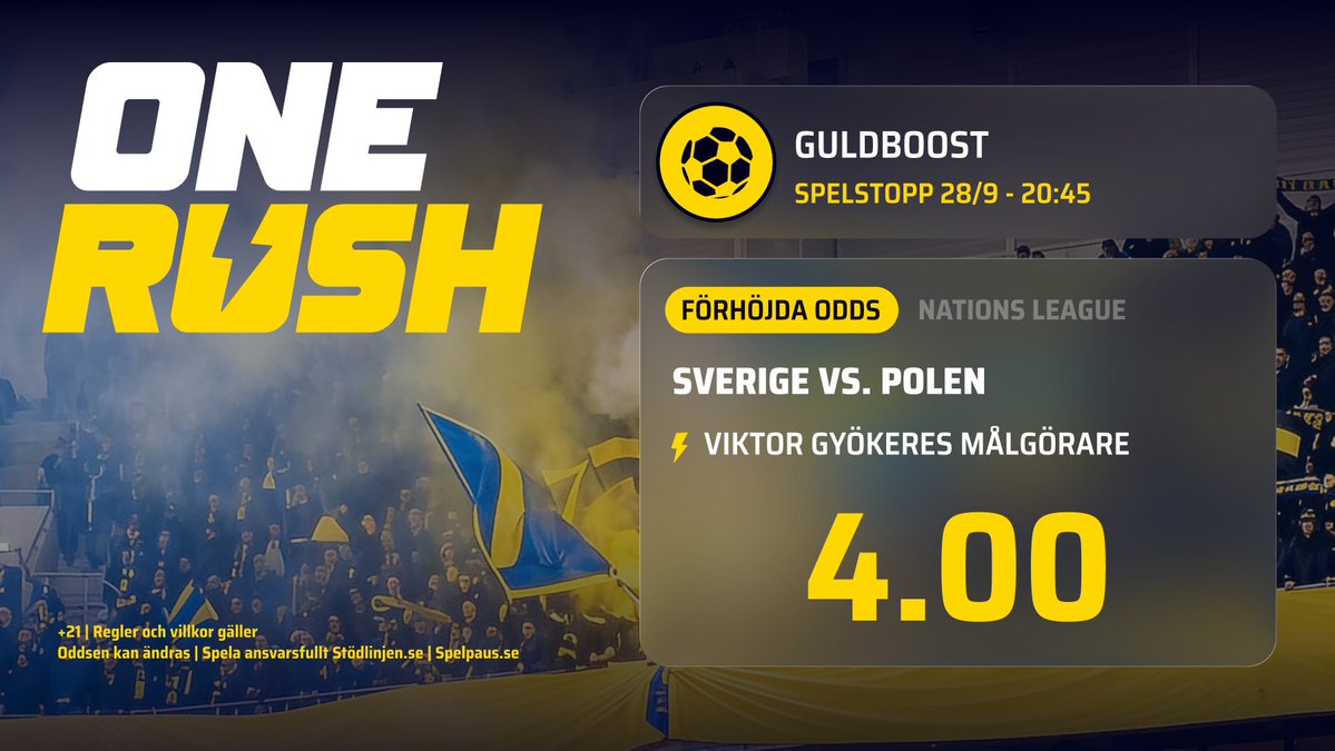 onerushcasino's tweet photo. Guldboost på Sverige mot Polen ikväll! ⚽ Viktor Gyökeres målgörare till förhöjt odds 4.00. Spelstopp 20:45.

https://t.co/ZLs1nOQGd0 👈🏼

21+ | Spela ansvarsfullt | Stödlinjen

#nationsleague #odds https://t.co/Aqyqvy5GUW