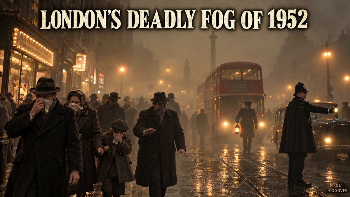 Dark_Archives0's tweet photo. Imagine walking out your front door in December 1952 and not being able to see your own feet. That's what London was like for five days. A stretch of freezing weather had everyone burning extra coal, the wind died completely, and all that smoke just sat over the city and turned into a thick yellow-brown smog. 🌫️

Buses had to be led through the streets by people walking ahead with lanterns. Theatres cancelled shows because the audience couldn't see the stage. What tipped people off that something was badly wrong was that undertakers ran out of coffins and florists ran out of flowers.

The government's first estimate was around 4,000 deaths. Later research puts it closer to 10,000 to 12,000. It shook the country enough that Parliament passed the Clean Air Act in 1956, which cut back on burning coal in cities.

#GreatSmog1952 #KillerFog #CleanAirAct