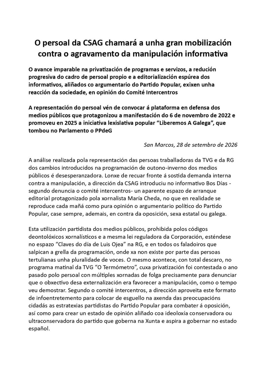 CrtvgCut's tweet photo. ‼️🚨Contra o agravamento da manipulación informativa, a redución do cadro de persoal e a externalización de programas nos medios públicos galegos, mobilización✊🏾🔥 https://t.co/kFrzvYGYJv