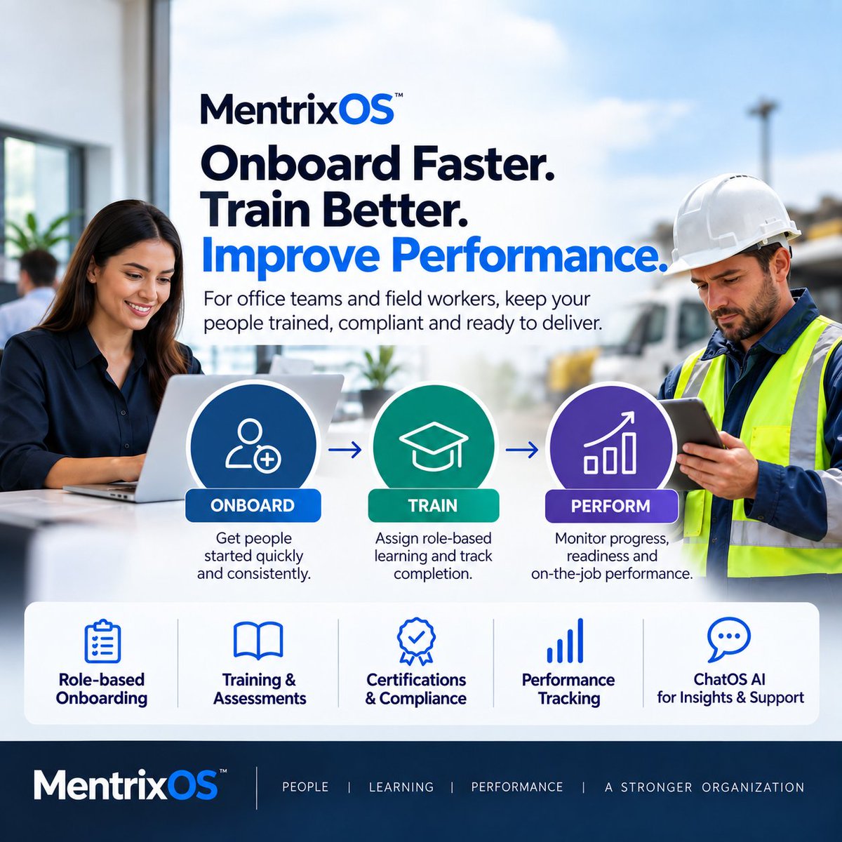 MentrixOS's tweet photo. Onboard Faster. Train Better. Improve Performance.

Whether your workforce is in the office or out in the field, every employee needs the right onboarding, training and support to perform well.

With MentrixOS, organizations can:
Standardize employee and field-worker onboarding
Assign role-based training and learning plans
Track training completion, assessments and certifications
Monitor readiness, progress and performance
Automate reminders, follow-ups and recurring training

Use ChatOS AI to find information, identify gaps and support next actions
From the first day to ongoing performance, keep your workforce trained, compliant and ready to deliver.

MentrixOS — Onboard. Train. Perform. Scale.

Website: https://t.co/DcqABVqEtk

#MentrixOS #EmployeeOnboarding #CorporateTraining #FieldWorkforce #WorkforceDevelopment #EnterpriseAI #TrainingManagement