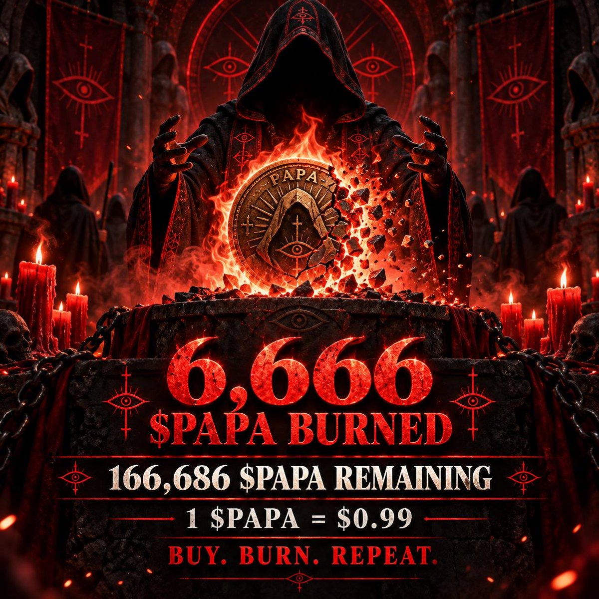 Papa666cult's tweet photo. 🔥 6,666 $PAPA BURNED.

The biggest flames are back. 🕯

Another 6,666 $PAPA have been bought back directly from the market and burned forever.

🔥 6,666 tokens — GONE.
📉 Supply — REDUCED.
🩸 $PAPA — SCARCER.

Every buyback removes more $PAPA from circulation.

Every burn continues the ritual.

🔥 Transaction burning 6.666 coins https://t.co/g96deqgOQN

🔺 Total remaining in the market 166,686 $PAPA

BUY. BURN. REPEAT.

🕯 THE CULT NEVER STOPS.
👁 $PAPA IS WATCHING.

📈 1 $PAPA = 0.99$

📈 Buy the token $PAPA - https://t.co/hSazYFWqDL

https://t.co/6PKZcWhGgF