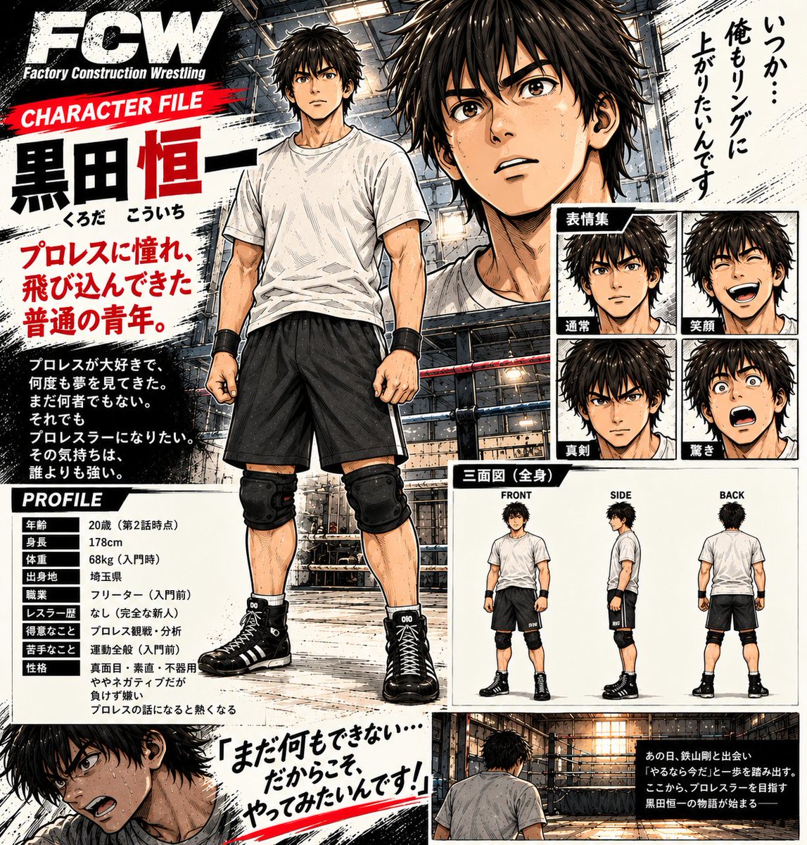YSfactory0122's tweet photo. 【FCW CHARACTER FILE】
今日のキャラクター紹介は――
黒田恒一(くろだ・こういち)
プロレスが大好きな、ごく普通の青年。
まだ、何者でもない。
それでも、プロレスラーになりたい。
FCW最初の練習生・黒田恒一。
応援してやってください!
#FCW #プロレス #創作漫画 https://t.co/x4jxrxdHMG