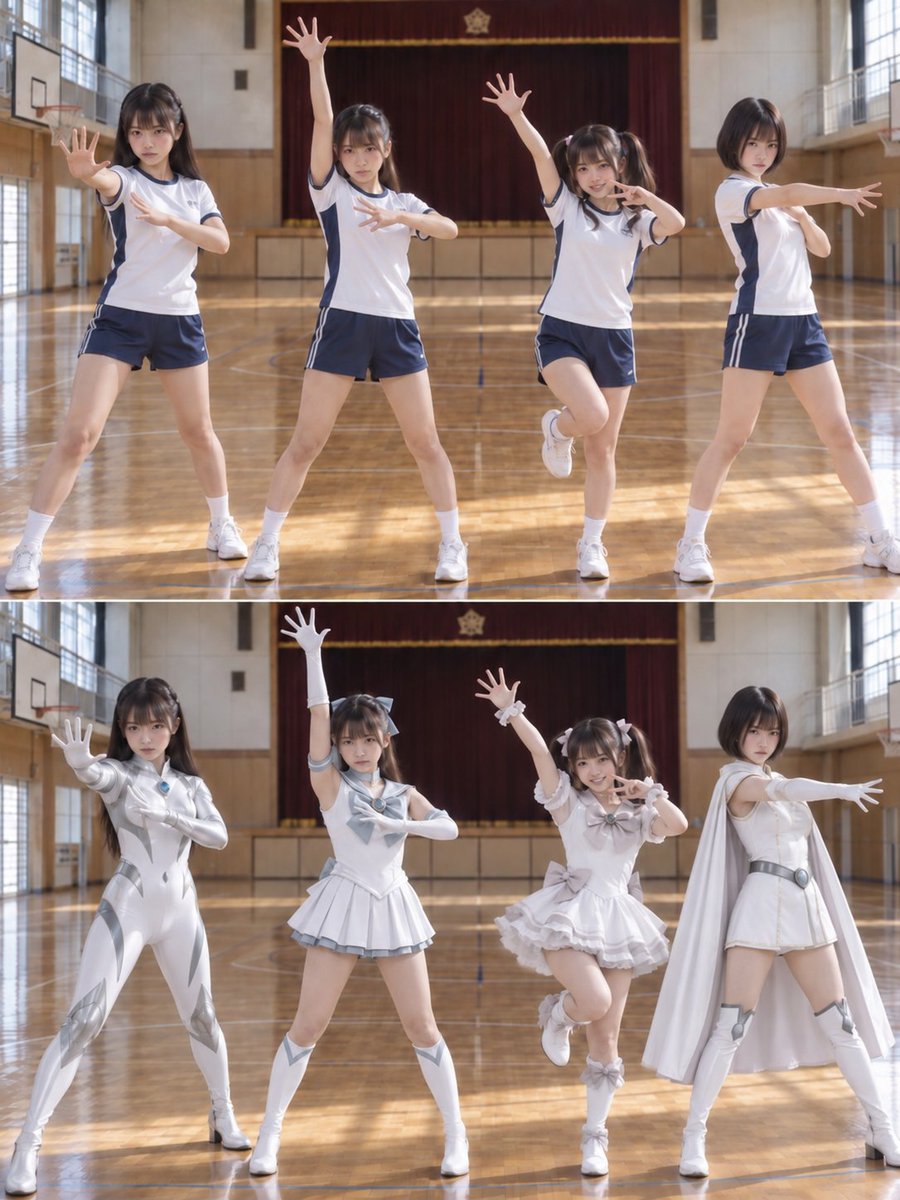 kiyou_binbou418's tweet photo. 【もしも】スーパーヒロイン養成学校があったら

思い思いのヒロインへと変身する変身訓練実習
まだまだ未熟な彼女たちはコスチュームを変えるだけで精一杯

立派なスーパーヒロインとなることを目標に日々努力している

#AIart https://t.co/oRkx9bS0bg