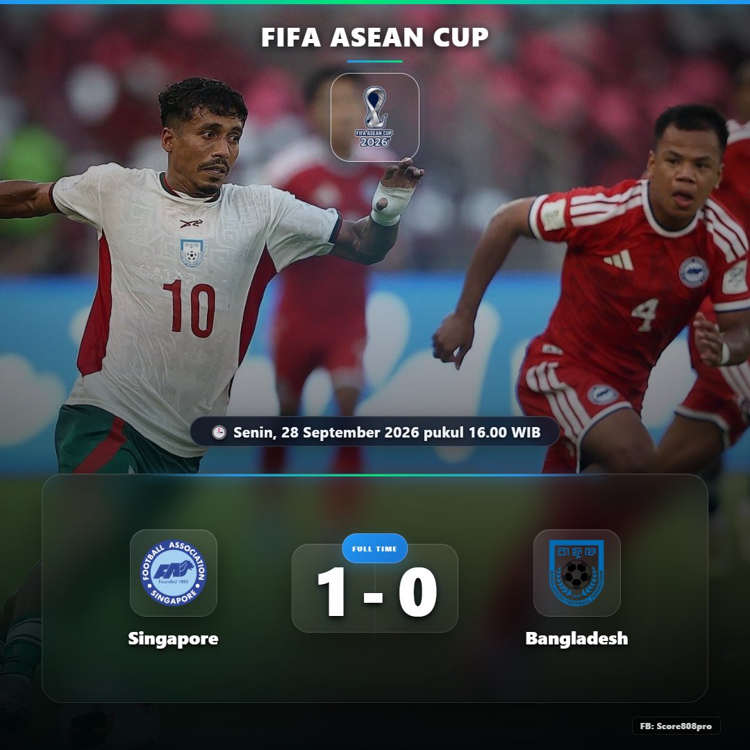 Tigoals's tweet photo. ๐ข FULL TIME
โฝ Singapore 1 - 0 Bangladesh
๐ FIFA ASEAN Cup
๐ Senin, 28 September 2026 pukul 16.00 WIB
Follow:
Facebook: Score808pro
#score808pro
#fulltime
#livescore
#hasilpertandingan
#tigoals https://t.co/7IoSML32V8