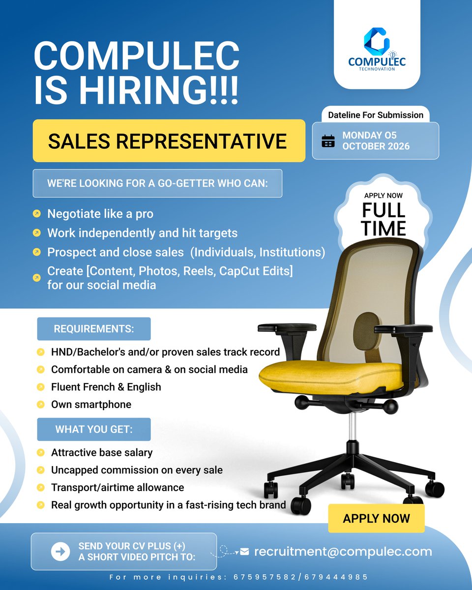 CompulecTech's tweet photo. 📢 WE’RE HIRING! 🔥
Compulec is looking for a Sales Person.

🚨 Ready to join our team? Apply NOW!
📩 DM us today.

#Compulec #WeAreHiring #SalesJobs https://t.co/BIAA7y85fQ