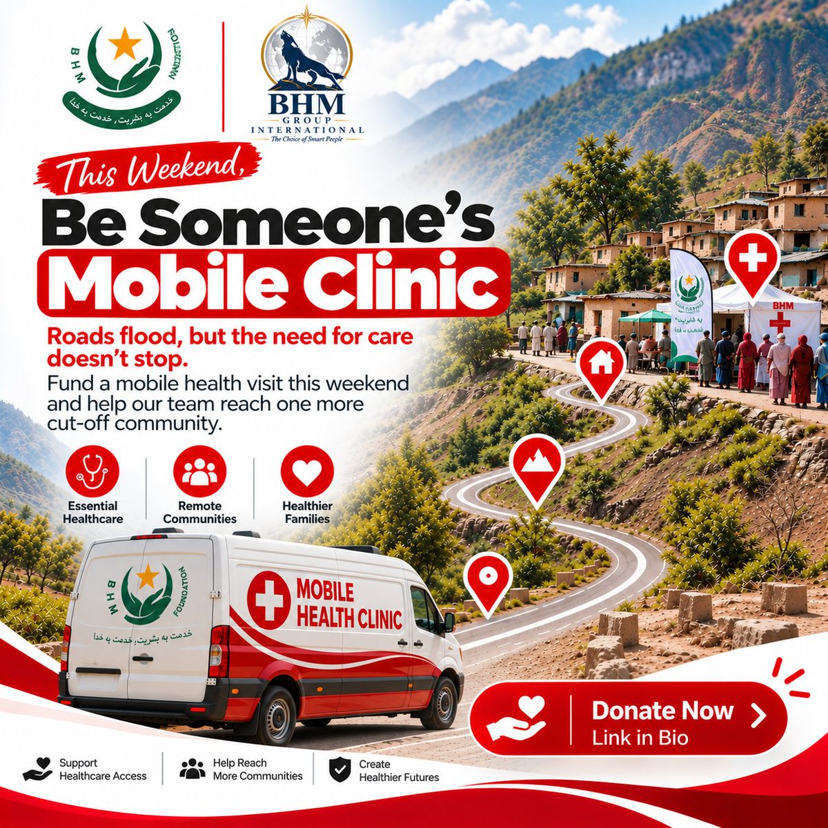 BHMFoundation's tweet photo. Be Someone’s Mobile Clinic This Weekend.

When roads become difficult to travel, access to healthcare becomes even more important. ❤️
This weekend, help bring essential healthcare closer to communities that are difficult to reach. https://t.co/UdugINOEmS
