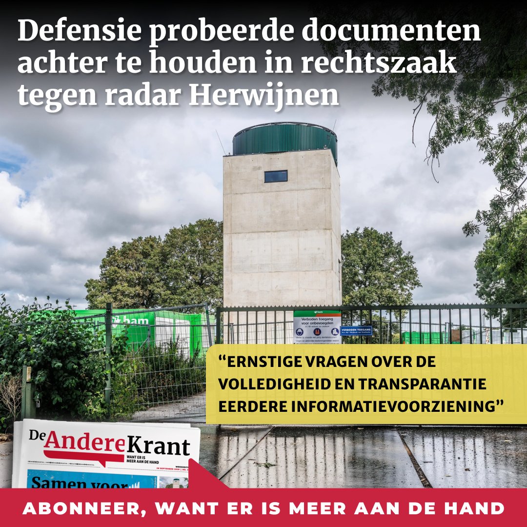 AndereKrant's tweet photo. Tijdens een lopende procedure bij de Raad van State over de omstreden komst van een militaire radarinstallatie in het Gelderse Herwijnen, heeft het ministerie van Defensie verzocht de openbaarmaking van gevoelige documenten tegen te houden tot na de uitspraak. Dat blijkt uit een verslag dat de bewoners recent via een Woo-procedure in handen kregen. 

Lees verder: https://t.co/amaLWcWcQ4