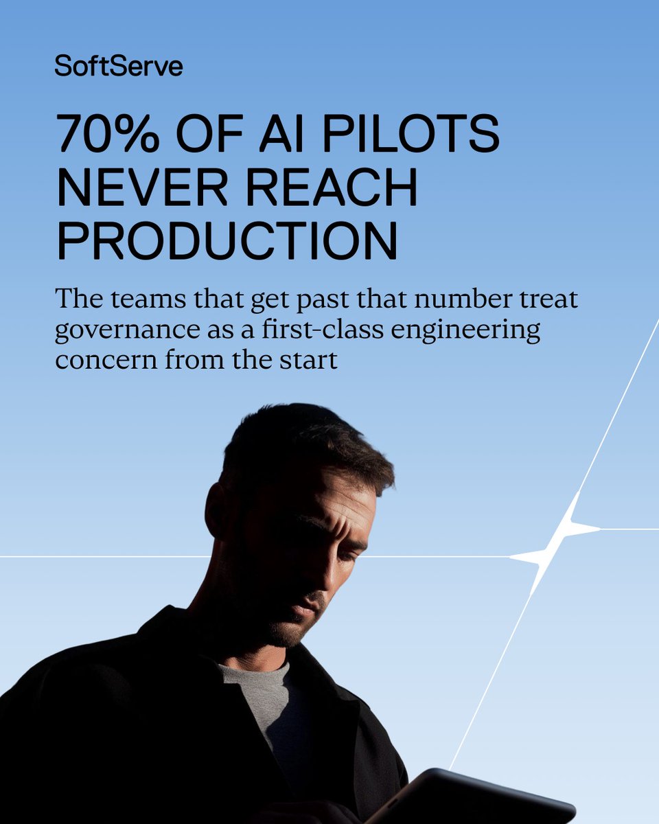SoftServeInc's tweet photo. 70% of AI pilots never reach production. The other 30% didn't get a better model. They treat operational governance as a first-class engineering concern from the start.

They do two things: define exactly what their agents can do, and what requires a human decision. And they package their best workflows into reusable skills that every agent applies consistently, no matter who initiated the task.

Inside: the six questions every agent boundary must answer, and what separates a saved prompt from a reusable skill.

Read the full guide: https://t.co/9VvRdbuYCS