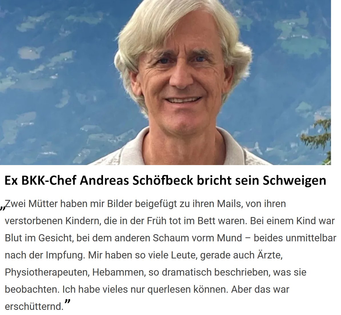 SHomburg's tweet photo. 2022, kurz vor der Abstimmung über die allgemeine Impfpflicht, wertete Schöfbeck 11 Mio. Versichertendaten aus und alarmierte die Öffentlichkeit. Er wurde sofort entlassen. Nun hat er @VolkerRekittke   sein erstes Interview gegeben:

Link: https://t.co/OtWlOo9Msk

Hintergrund: Ärztekammern, Verbände, Behörden, Krankenkassen, fast alle machten mit und cancelten jeden in brutalster Weise, der die Öffentlichkeit warnte.

Ergebnis sind geschätzt 50.000 Impftote und Hunderttausende Geschädigte. Die wahren Zahlen sind dem RKI und PEI bekannt, aber sie wollen sie nicht herausgeben. Und die Blockparteien in der Enquete wollen sie nicht sehen.