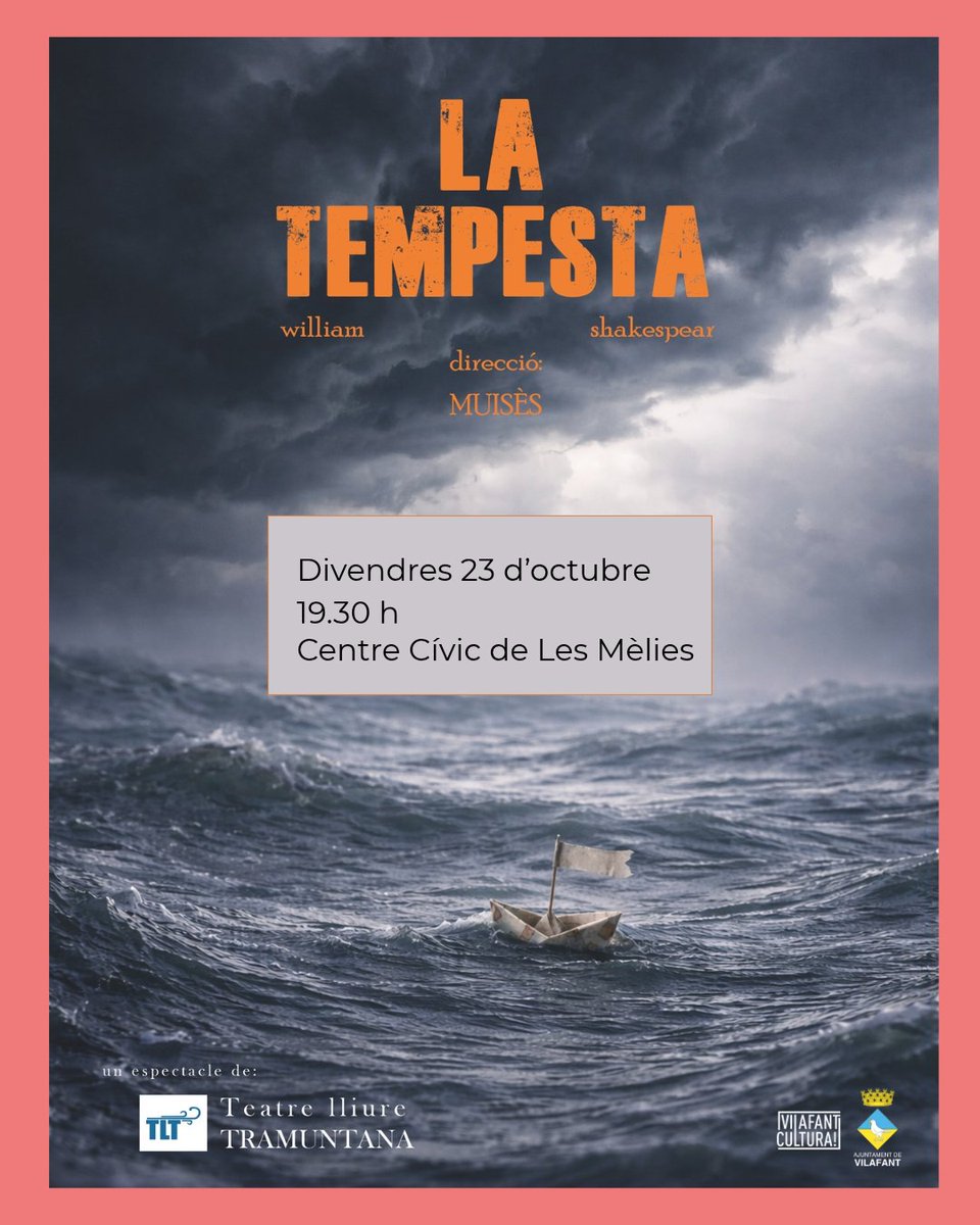 AjVilafant's tweet photo. A #Vilafant ens encanta gaudir del bon teatre!
El divendres 23 d'octubre tens una cita amb "La Tempesta" un obra de William Shakespeare.
Una obra amb taquilla inversa, l'espectador després de l'obra segons la valori. https://t.co/Ruca5MhaMF
