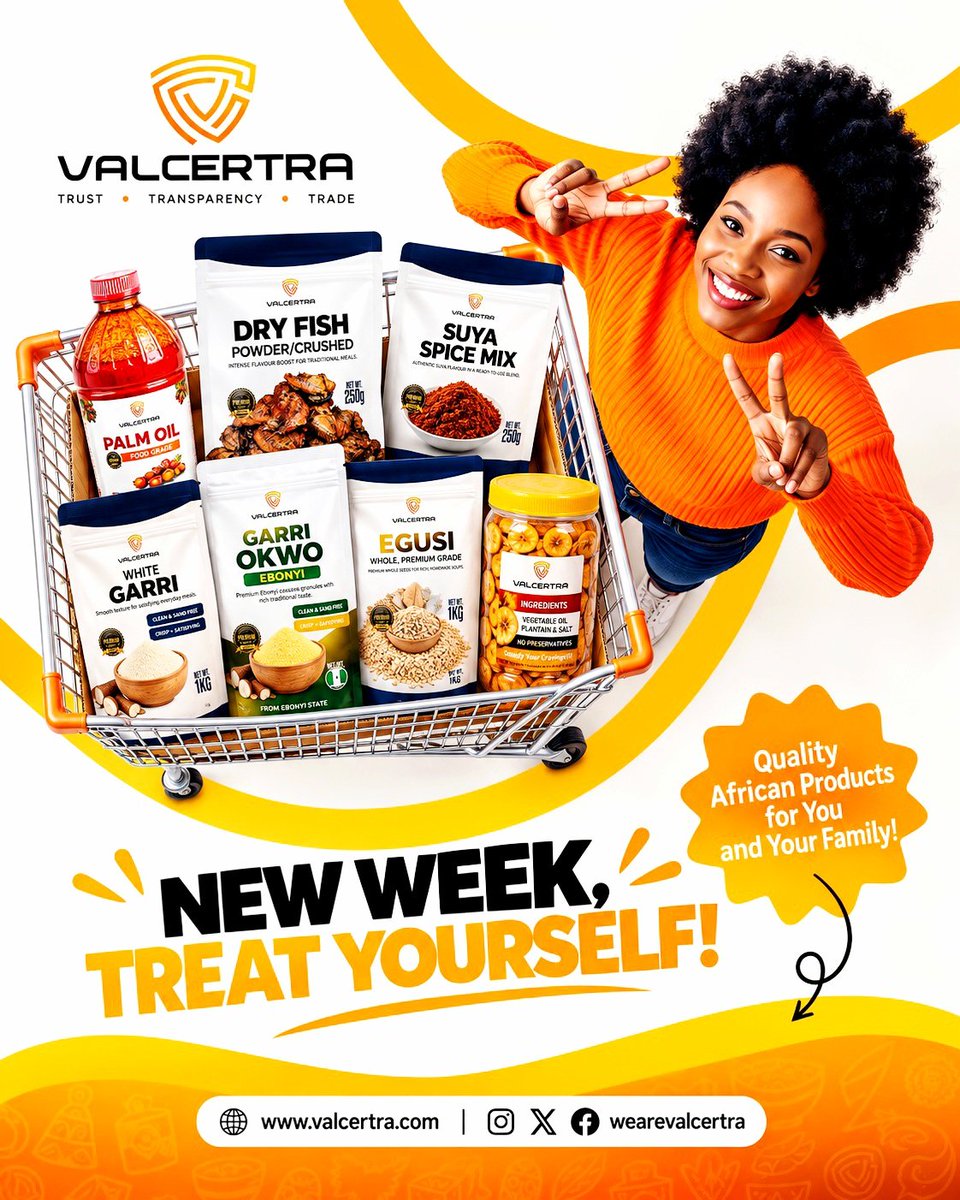 wearevalcertra's tweet photo. IT'S A NEW WEEK, TREAT YOURSELF! 🛒🧡

Start your week with the authentic African flavours you love! From palm oil and garri to dry fish, egusi, and your favourite spices, VALCERTRA brings the taste of home closer to you. 🇳🇬❤️

🛍️ Quality African products for you and your family.

🌐 Shop now: https://t.co/LfGerCXI1V